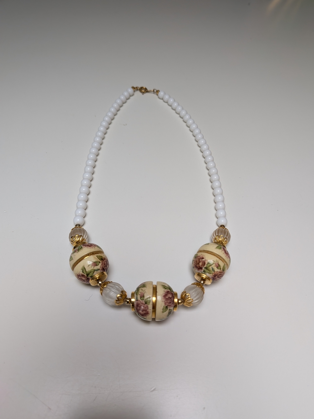 Floral Bead Statement Necklace - White and Cream